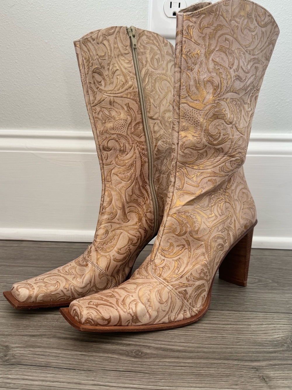 Women’s Tall Embossed Tan Leather Heeled Boots